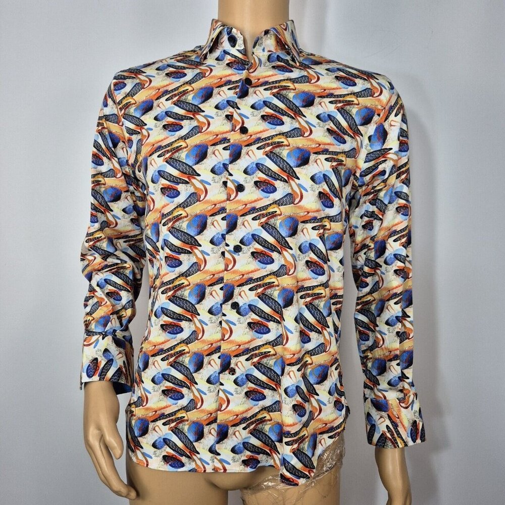 Visconti Black Shirt Men's Size S Orange/Blue Button Up Long Sleeve Stretch 4